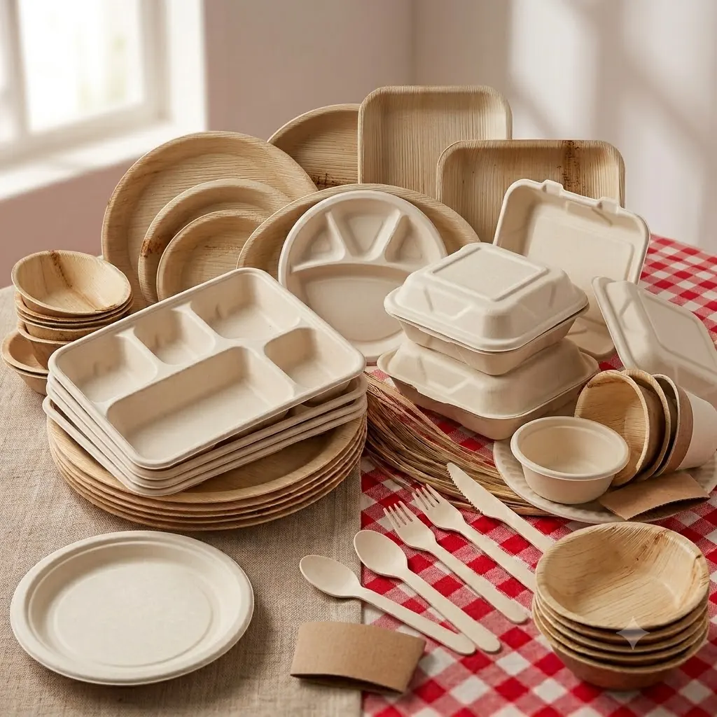 Stacked Flora Dine areca and bagasse plates, compartment trays, bowls and cutlery on a checked tablecloth