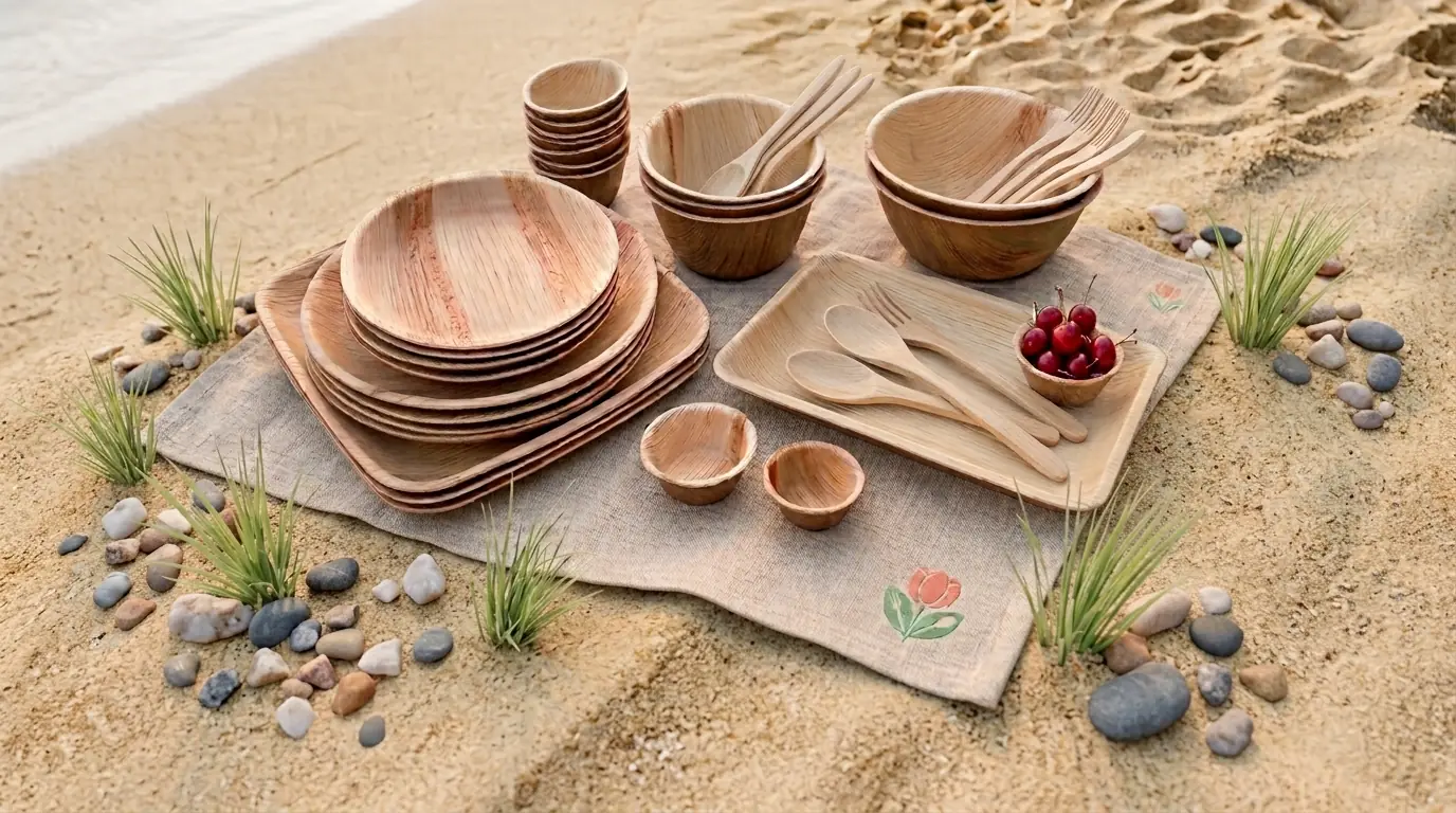 Flora Dine areca palm-leaf plates, bowls and cutlery laid out on a linen mat on sand at the shoreline