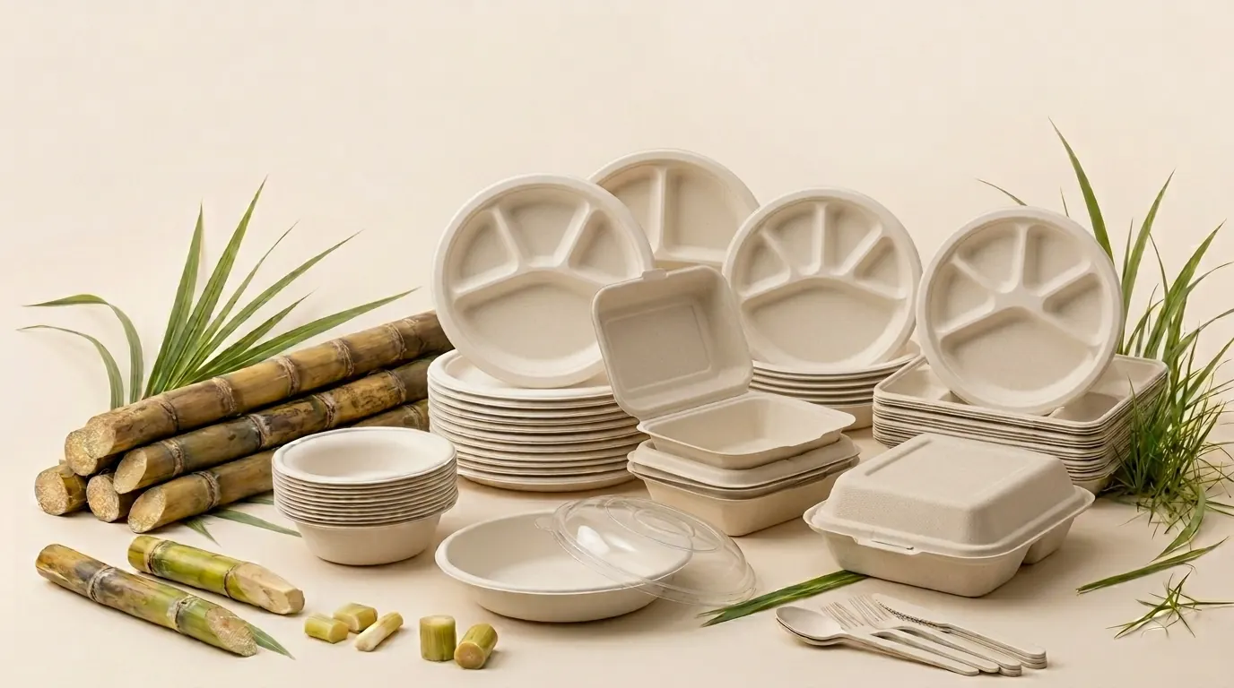 Flora Dine bagasse plates, bowls, clamshell boxes and cutlery beside cut sugarcane stalks