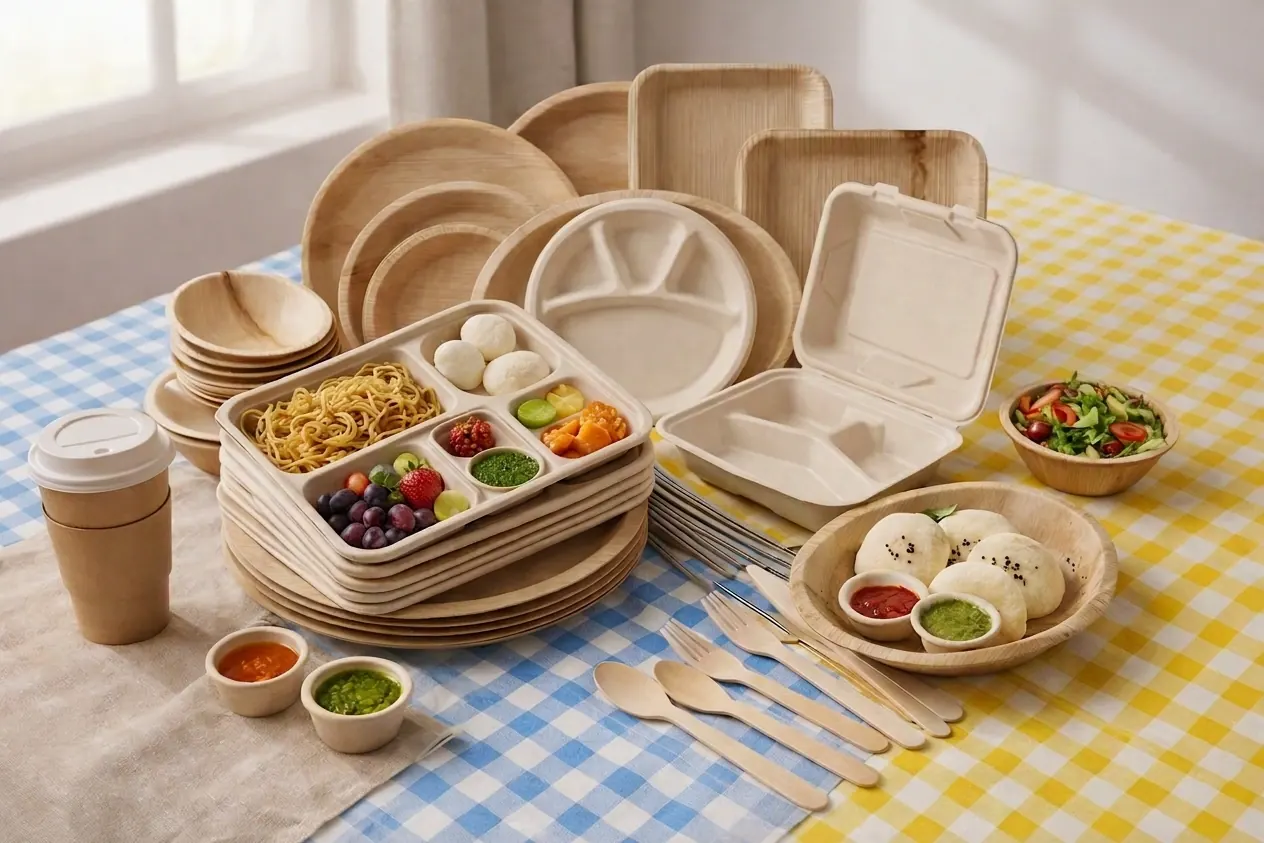 A table set with Flora Dine bagasse compartment trays, bowls and areca tableware, filled with food