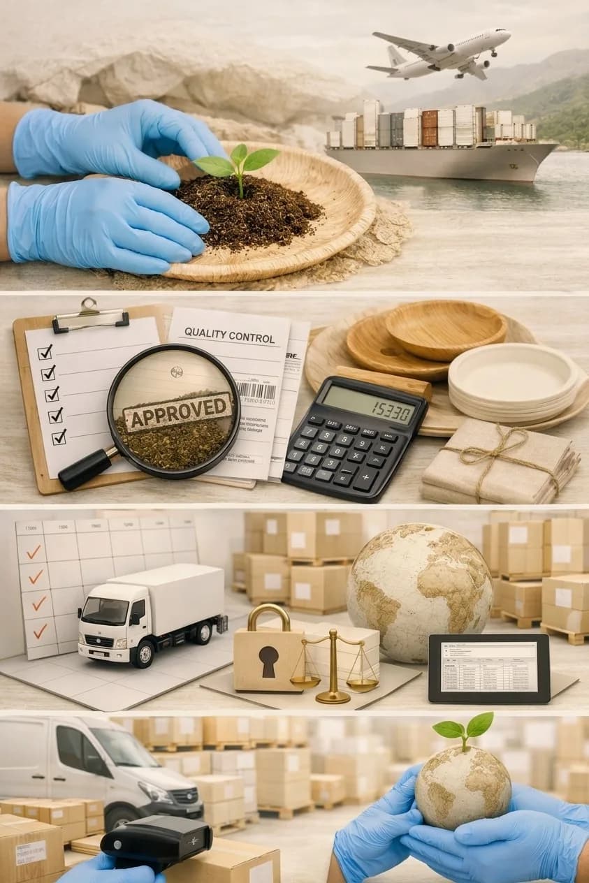 Four panels: a seedling planted in a palm-leaf plate beside a container ship and aircraft; a quality-control checklist stamped approved next to plates; delivery, security and documentation icons among cartons; a parcel being scanned beside gloved hands holding a globe